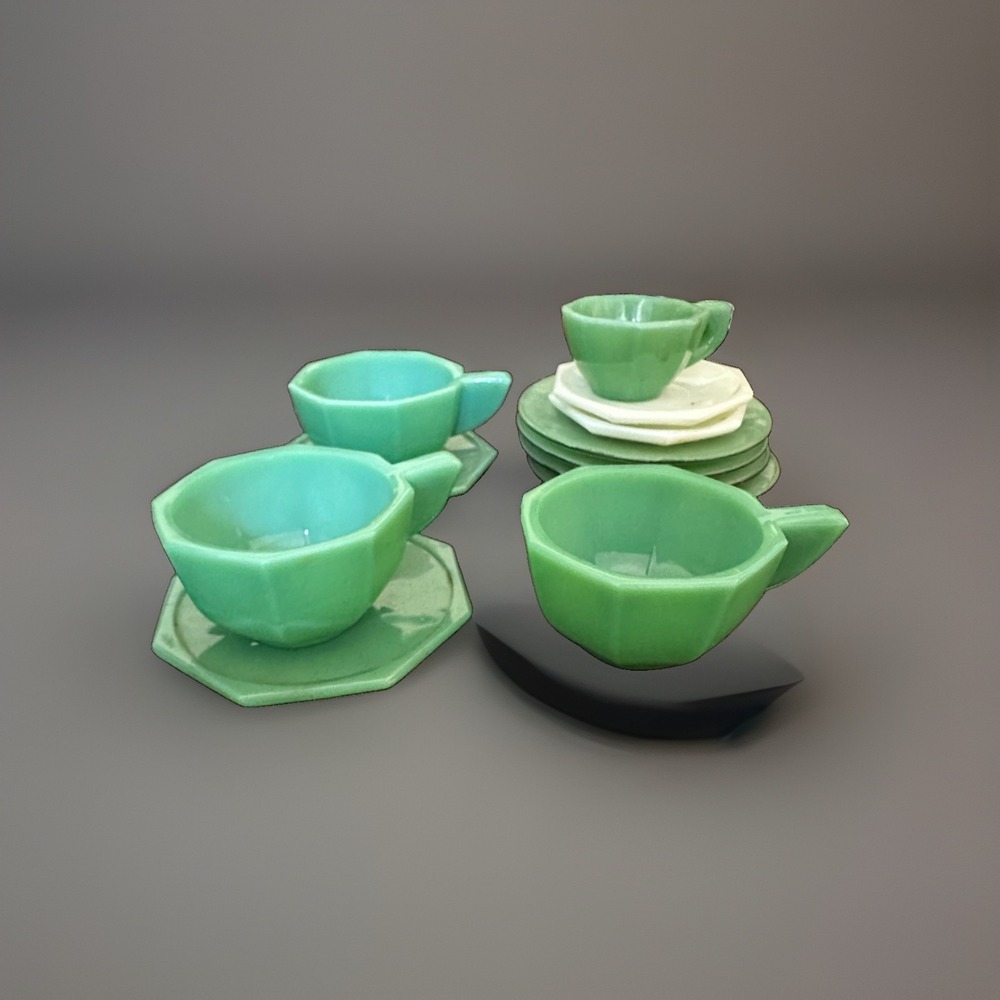 Vintage Jadeite Akro Agate JP Octagonal Child's Tea Set Accessories Cup Plate 12